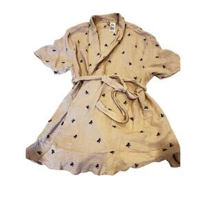 Serra Cotton Gauze Wrap Top XL XXL Beige Bow Print Short Sleeve Tie Waist